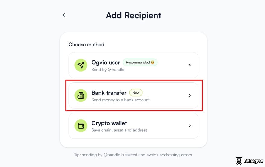 Best way to send money to Nigeria: Ogvio add recipient highlighting [Bank transfer] option.