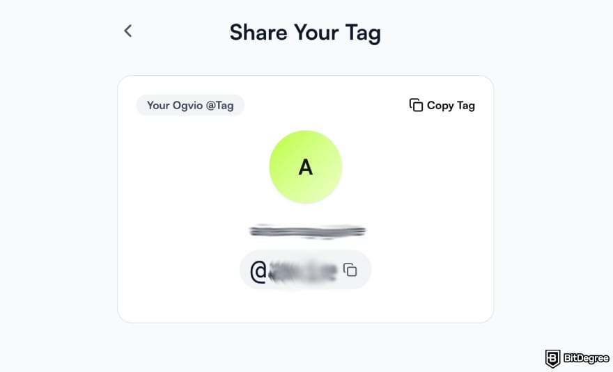 Best way to send money to Nigeria: the page where you can see your Ogvio @Tag after creating it.