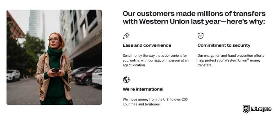 Best way to send money to Nigeria: Western Union homepage highlighting key features.