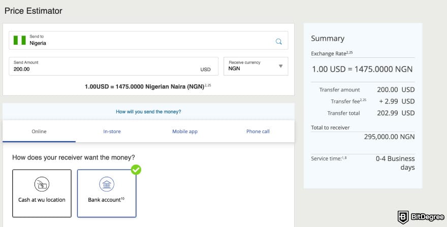 Best way to send money to Nigeria: Western Union price estimator.