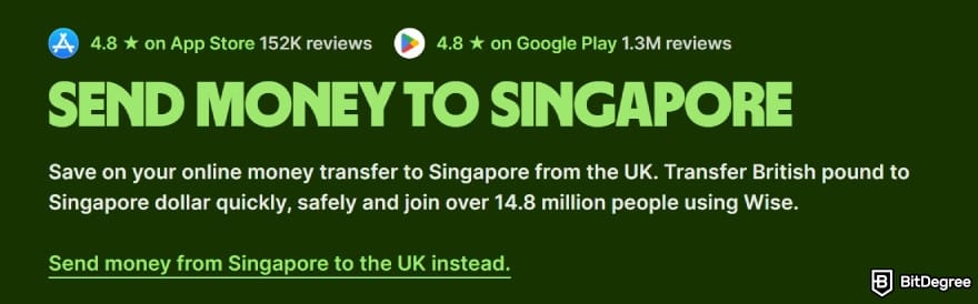 Best way to send money to Singapore: Wise showcasing the benefits when sending money to Singapore.