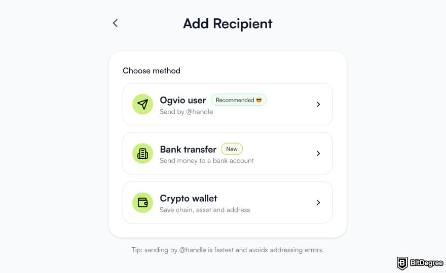 Best way to send money to South Africa: Ogvio add recipient page.