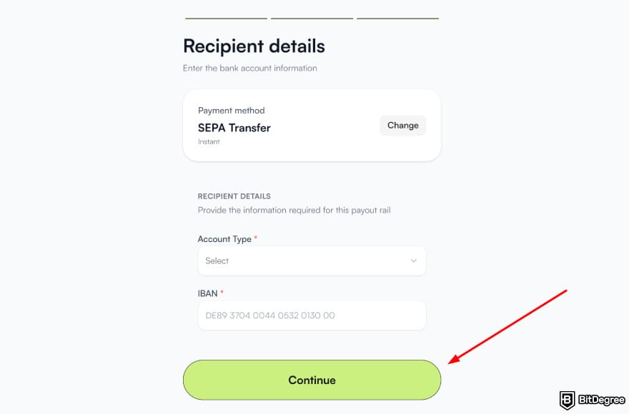 Best way to send money to South Africa: Ogvio recipient details page for EUR bank transfer.