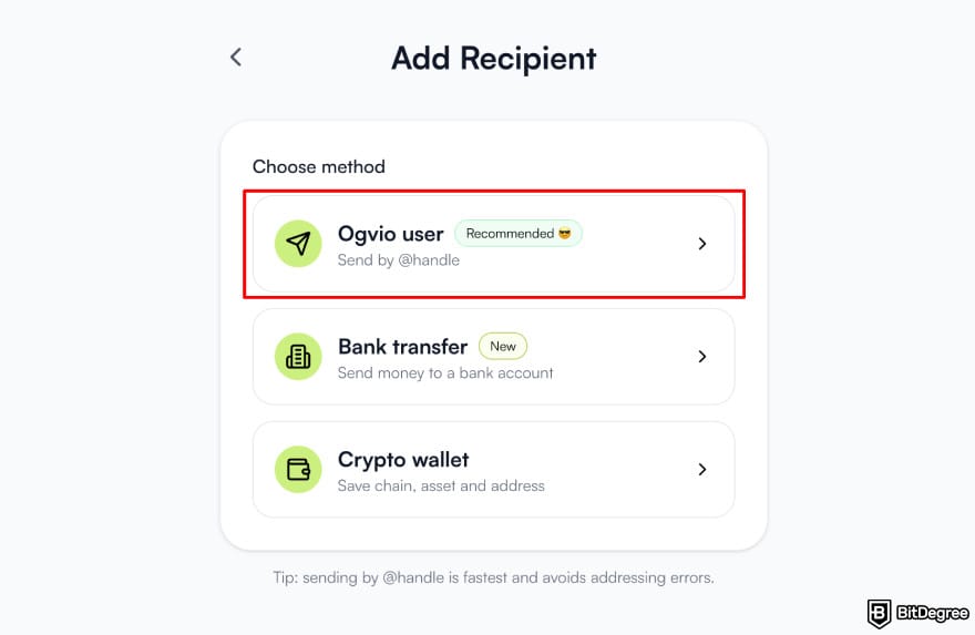 Best way to send money to South Africa: Ogvio add recipient highlighting the [Ogvio user] option.