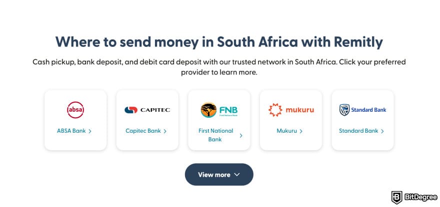 Best way to to send money to South Africa: Remitly send money to South Africa section.