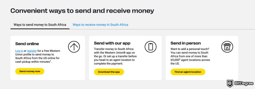 Best way to to send money to South Africa: Western Union send money to South Africa section.