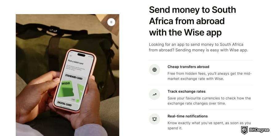 Best way to to send money to South Africa: Wise send money to South Africa page.