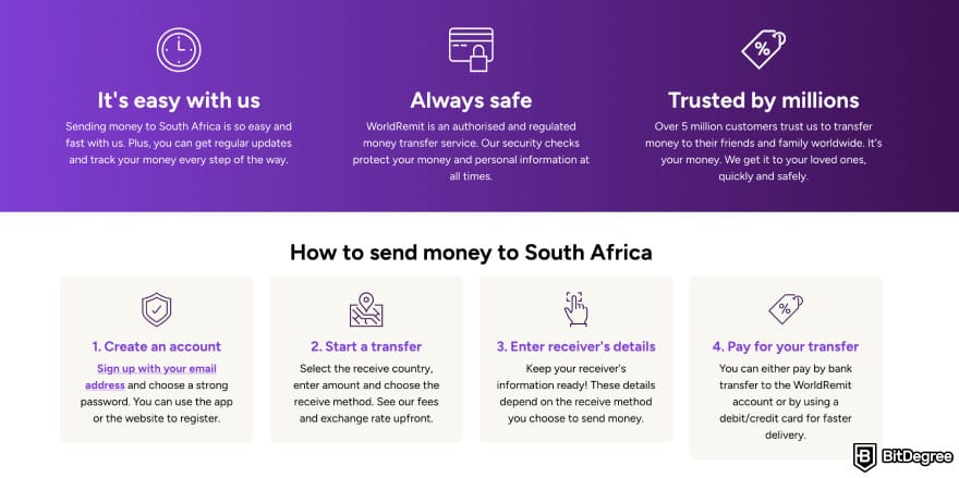 Best way to to send money to South Africa: WorldRemit send money page.