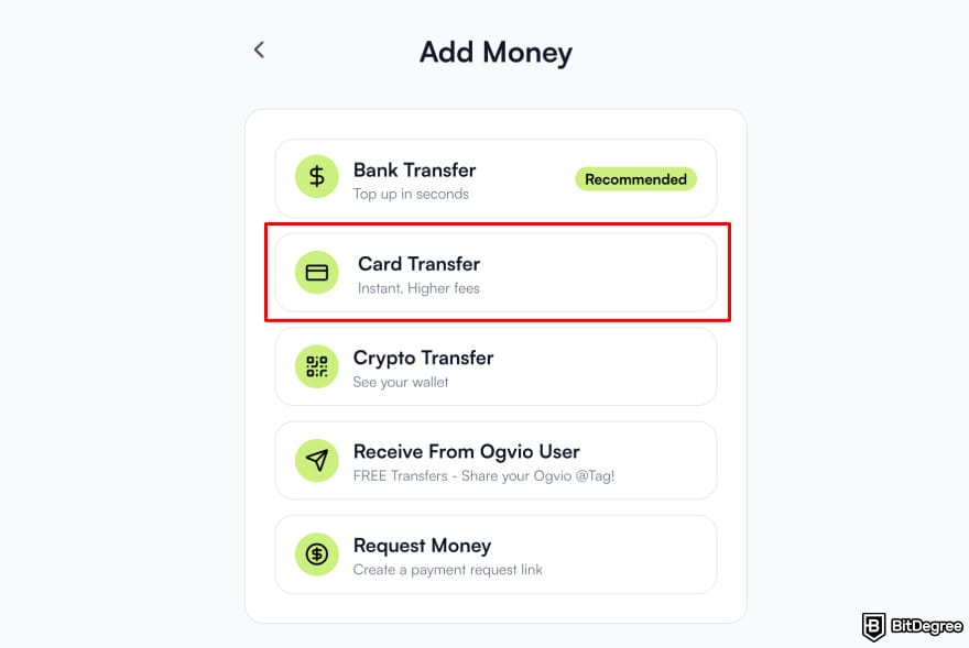 Best way to send money to South Korea: Ogvio add money highlighting the [Card Transfer] option.