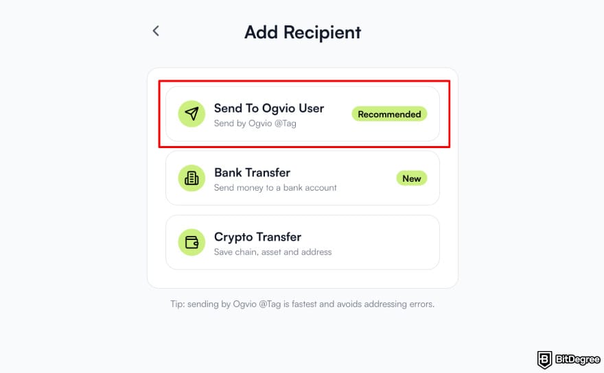 Best way to send money to South Korea: Ogvio add recipient highlighting the [Send To Ogvio User] option.