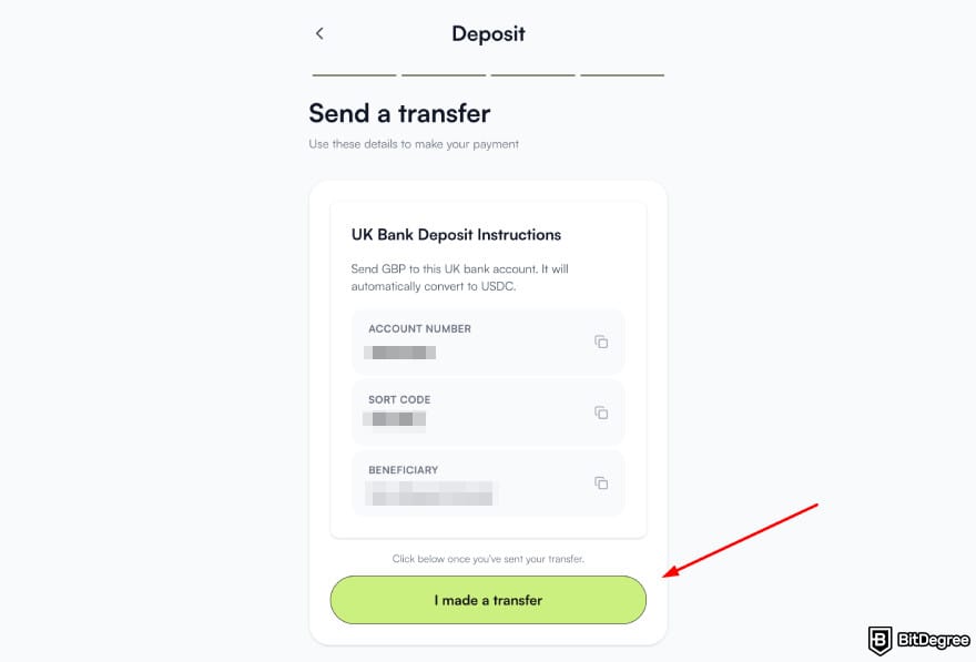 Best way to send mone to South Korea: Ogvio deposit GBP bank transfer page.