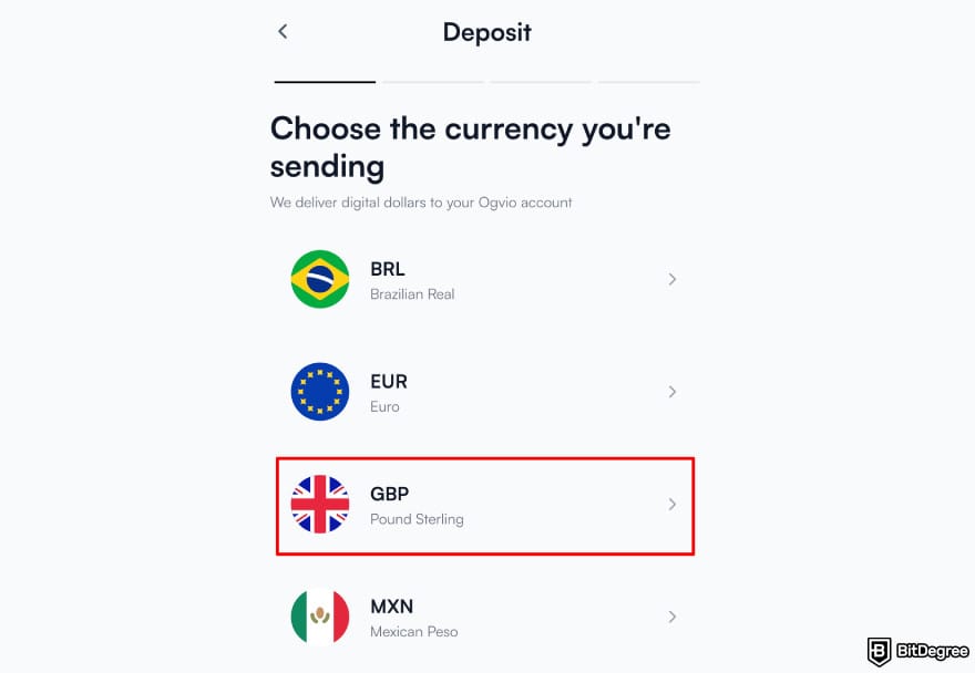 Best way to send money to South Korea: Ogvio deposit money highlighting the GBP option.