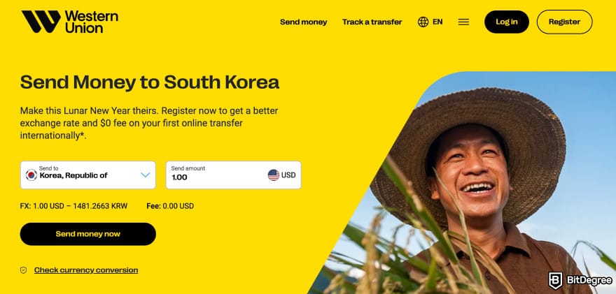 Best way to send money to South Korea: Western Union homepage.