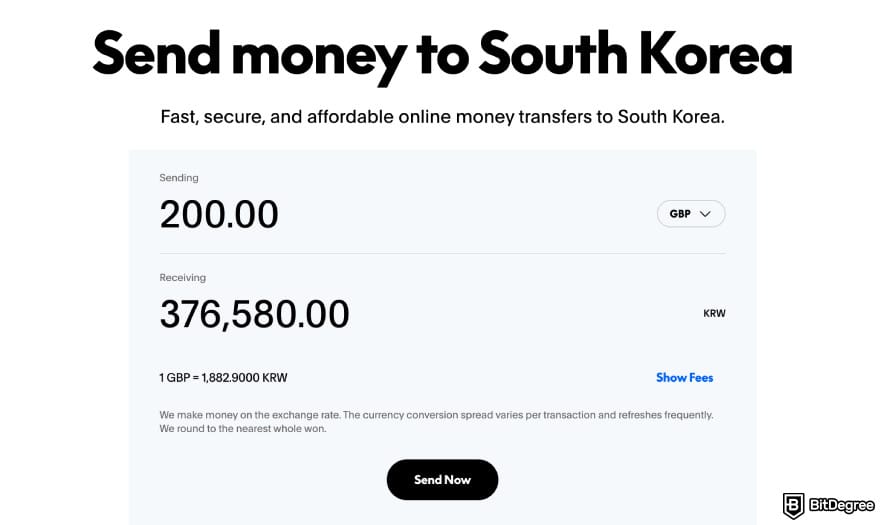 Best way to send money to South Korea: XOOM GBP to KRW calculation details.