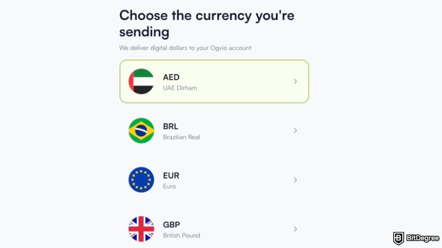 Best way to send money to Thailand: Ogvio asking you to select the currency you want to top up with.