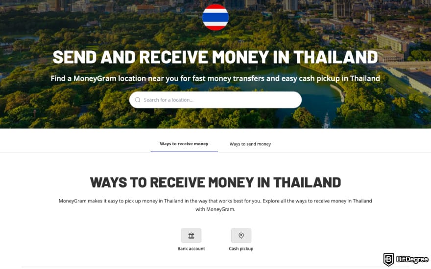Best way to send money to Thailand: a screenshot of MoneyGram's features.