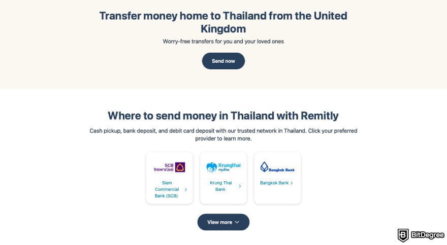Best way to send money to Thailand: a screenshot of Remitly's features.