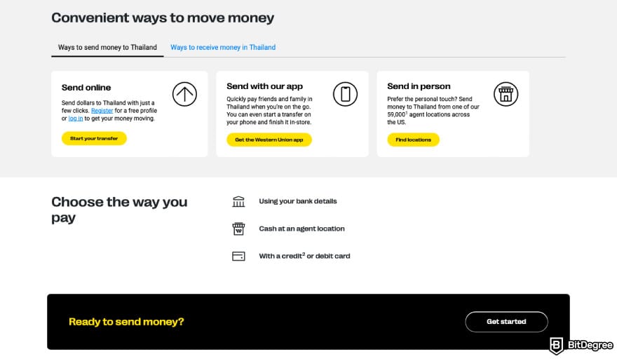 Best way to send money to Thailand: a screenshot of Western Union's features.