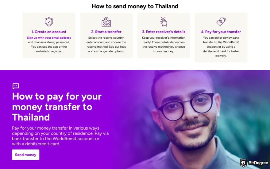 Best way to send money to Thailand: a screenshot of WorldRemit's features.