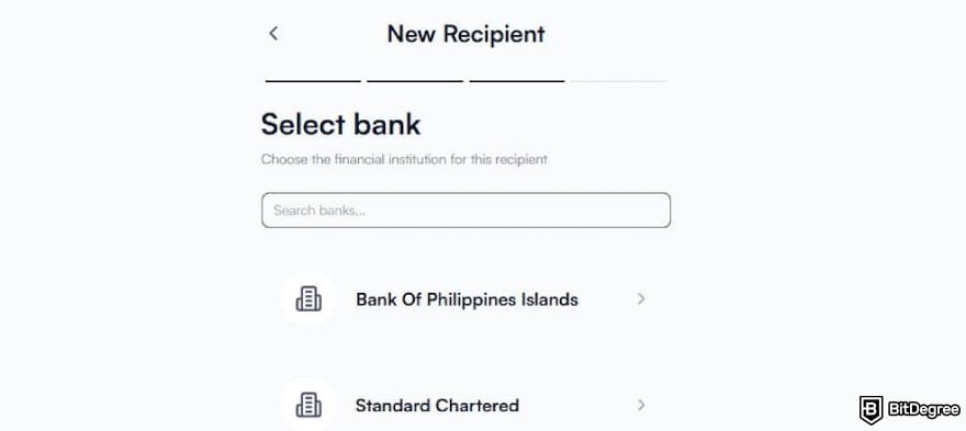 Best way to send money to the Philippines: Ogvio asking you to select recipient's bank.