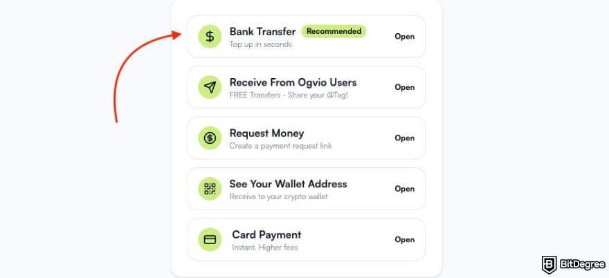 Best way to send money to the Philippines: a red arrow pointing to the [Bank Transfer] option on Ogvio.