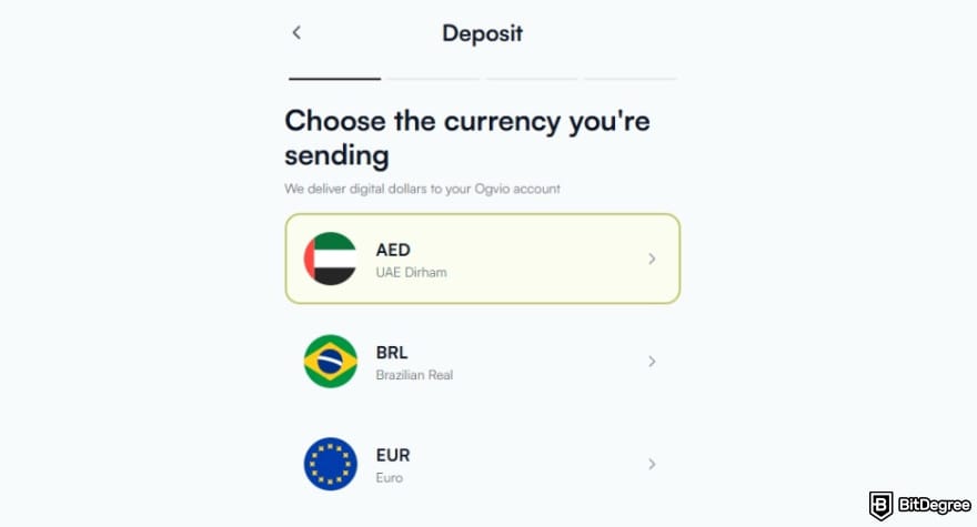 Best way to send money to the Philippines: Ogvio asking you to select the currency you're sending.