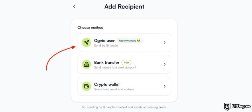 Best way to send money to the Philippines: a red arrow pointing to the [Ogvio user] option.