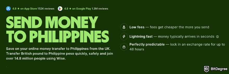 Best way to send money to the Philippines: Wise showcasing the benefits when sending to the Philippines.