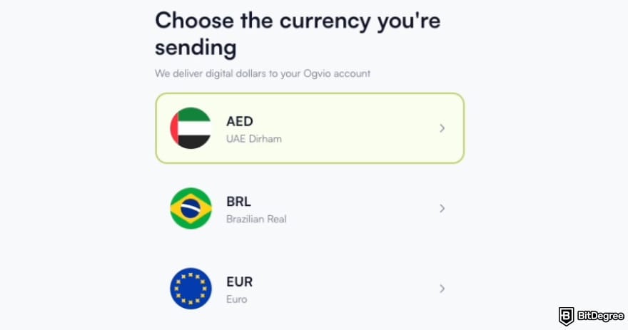Best way to send money to Turkey: Ogvio asking you to select a currency.