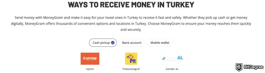 Best way to send money to Turkey: MoneyGram displaying pick up options in Turkey.