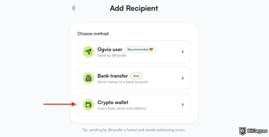 Best way to send money to Turkey: a red arrow pointing to the Crypto wallet option on Ogvio.