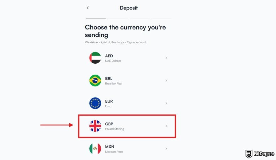 Best way to send money to UAE: a list of available currencies to deposit on Ogvio with GBP highlighted. Best way to send money to UAE: a list of available currencies to deposit on Ogvio with GBP highlighted.