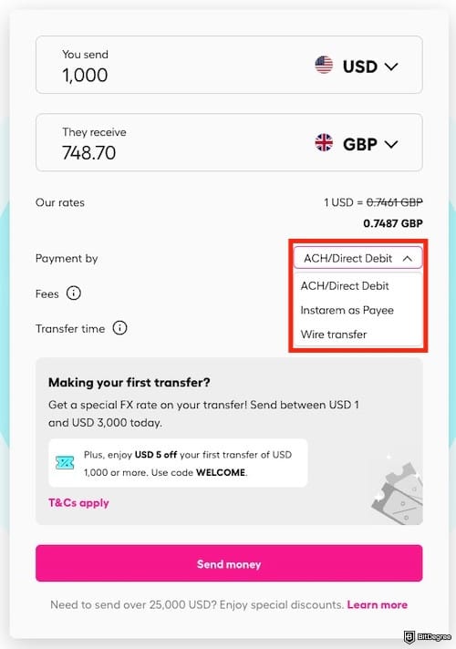 Best way to send money to UK: Instarem's transfer form, displaying payment methods for a USD-GBP transfer.