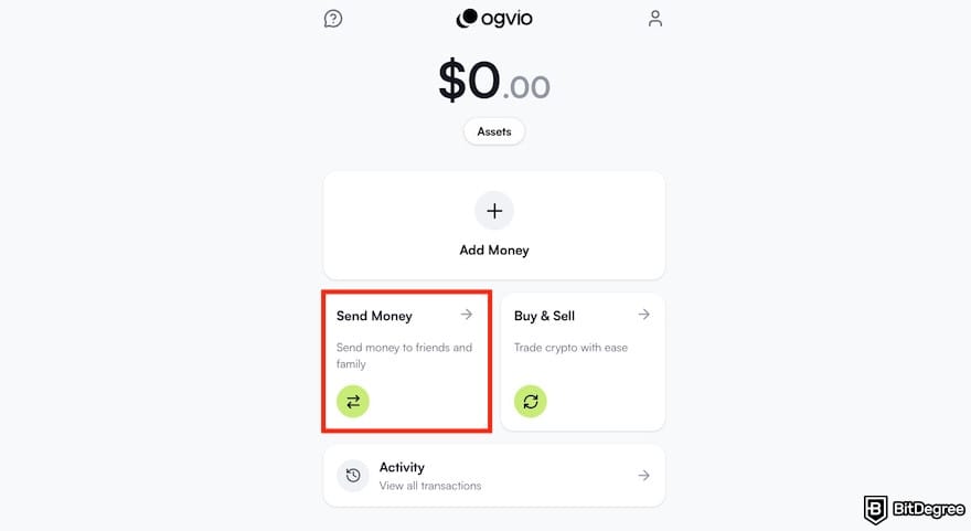 Best way to send money to UK: the [Send money] button on Ogvio outlined.