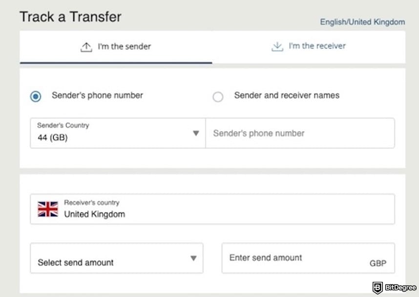 Best way to send money to UK: tracking a transfer on Western Union's website.