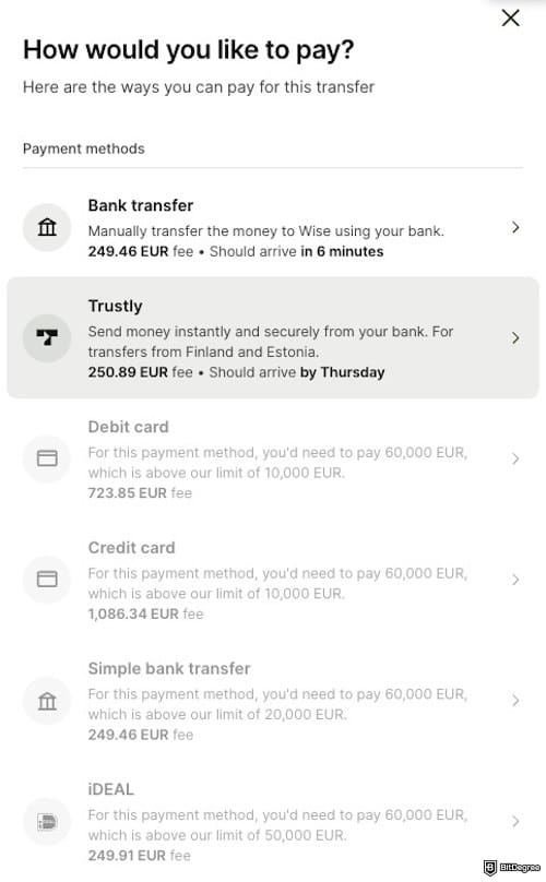 Best way to send money to UK: a list of payment options for sending EUR to GBP on Wise's website.