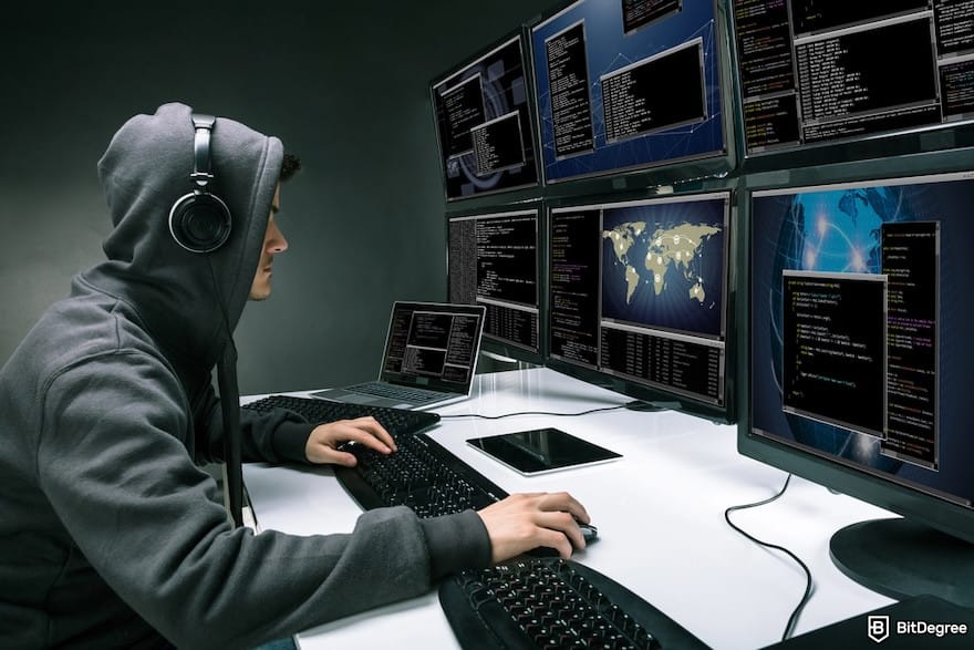 Best way to send money to Ukraine: a rear view of a hacker using multiple computers.