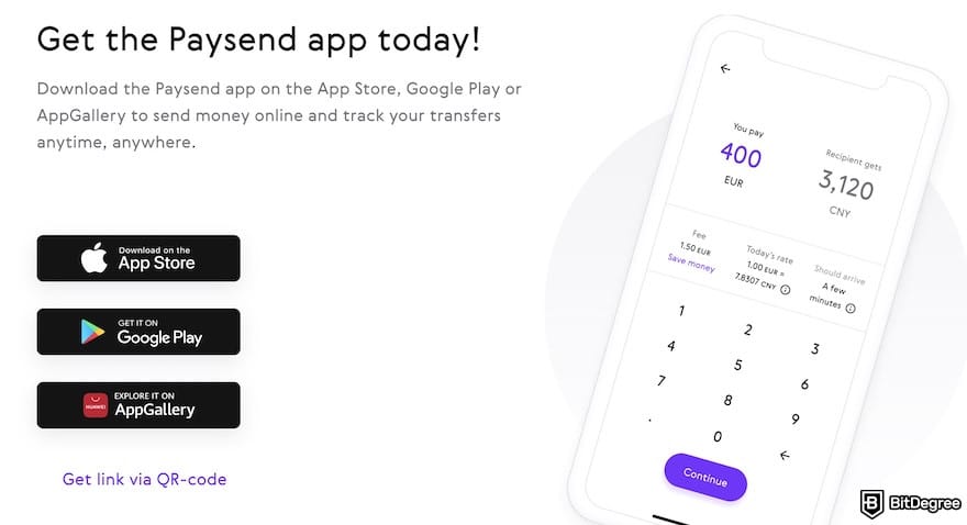 Best way to send money to Ukraine: mobile download page on Paysend's website, showing the app interface and download buttons.