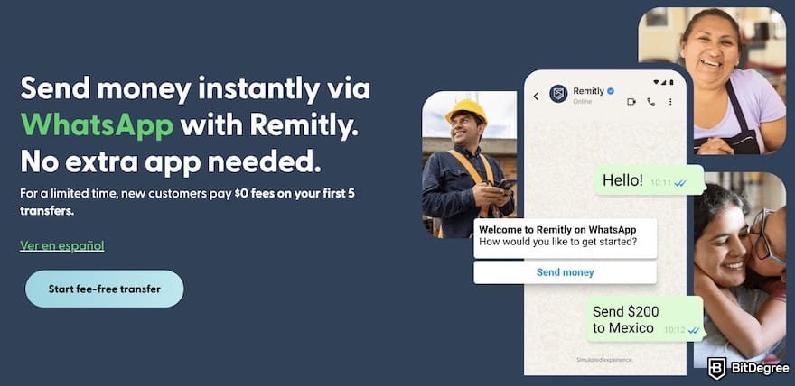 Best way to send money to Ukraine: the WhatsApp interface showing a conversation of a person sending money through Remitly's channel.