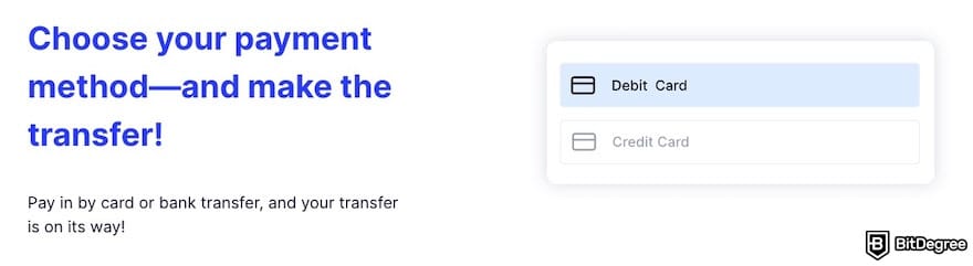 Best way to send money to Ukraine: payment methods available on TransferGo, showing the debit and credit cards.