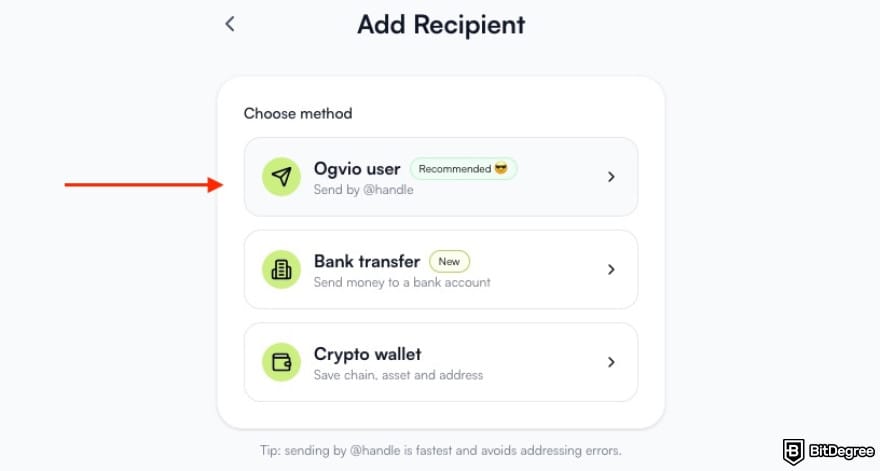 Best way to send money to Ukraine: a red arrow pointing to the [Ogvio user] option on Ogvio.