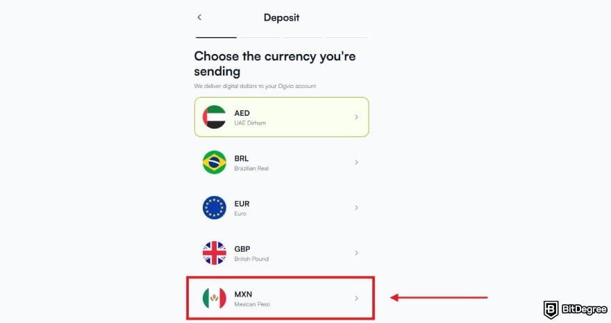 Best way to send money to USA: the currency selection page for Ogvio deposit with MXN highlighted.