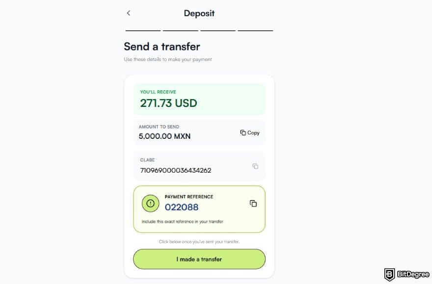 Best way to send money to USA: the transfer confirmation page for Ogvio deposit.