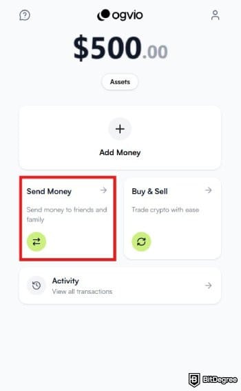 Best way to send money to USA: Ogvio main dashboard with the Send money option highlighted.