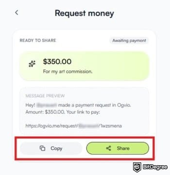Best way to send money to USA: the page to review the payment request link on Ogvio.