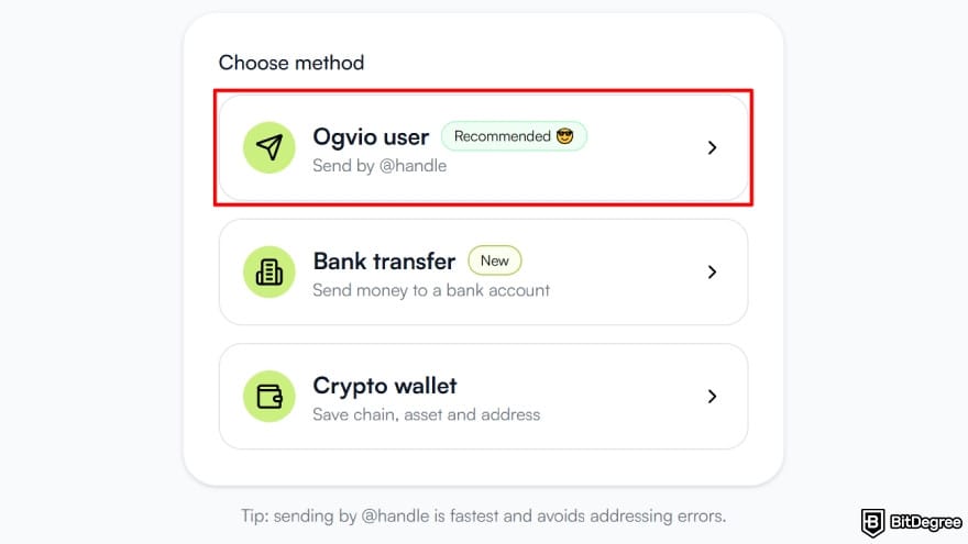 Best way to send money to Vietnam: select Ogvio user for the transfer method.