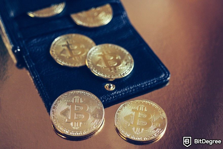 Best Web3 Wallet: Bitcoins are scattered on a table and falling out of a wallet.