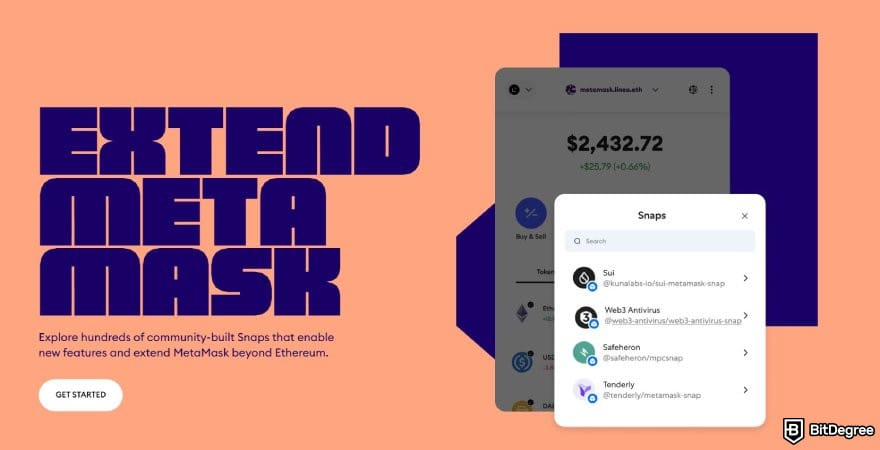 Best Web3 wallet: the Snaps page on MetaMask website.