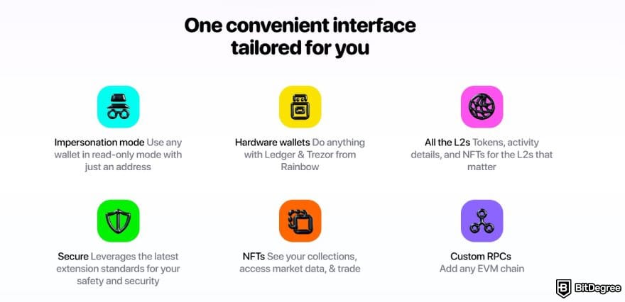 Best Web3 wallet: a list of some of Rainbow's core features.