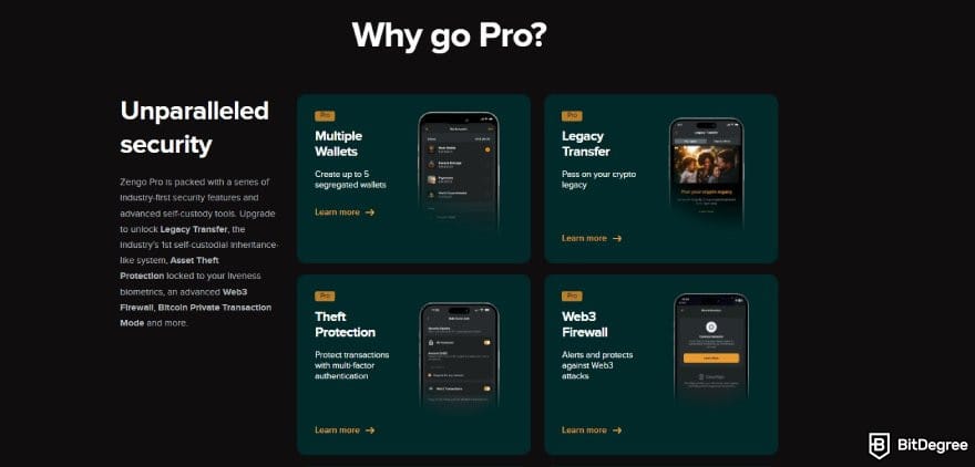 Best Web3 wallet: a list of Zengo Pro's security features.